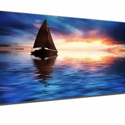 Boat Seascape Picture for Living Room Wall Art Poster Print Blue Sky Sailboat Orange Sunset Sky Sea Landscape Home Decor Framed (24x48inch)