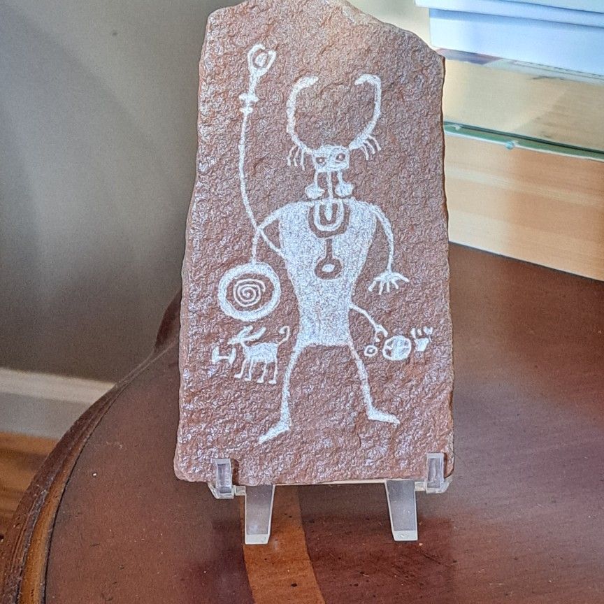 Indian stone tablet with carving on stand 7 in tall