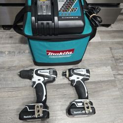 MAKITA 18V SET IMPACT DRIVER, DRILL, 2 BATTERYS W CHARGER AND BAG LIKE NEW 