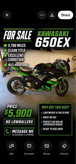 2017 Kawasaki Ninja 650EX  – $5,900 🏍️