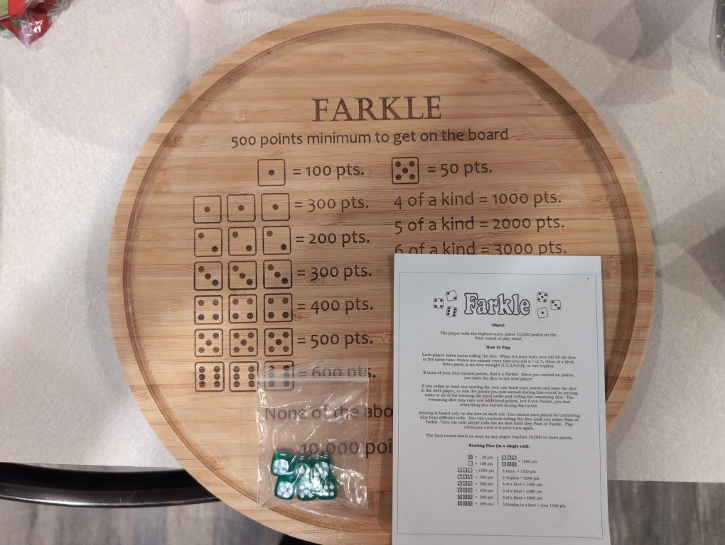 Custom Made Farkle Gameboard and Dice