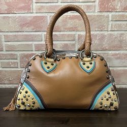 Bridget Shuster Handbag Tan Multicolor Animal Print With Studs & Tassel Leather.  Great condition  