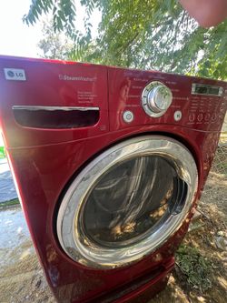 Red LG Washer And Pedestal