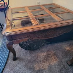 Wood antique/ vintage large coffee table glass panes