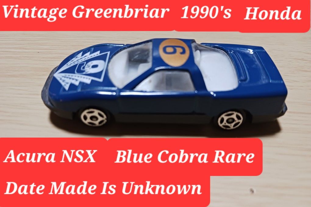 VINTAGE 1990's GREENBRIER RARE BLUE COBRA HONDA ACURA NSX SMALL DIECAST CAR, DATE MADE IS UNKNOWN