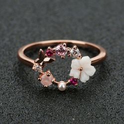Rose Gold Butterfly Flower Halo Ring