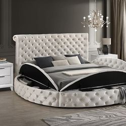 ROUND QUEEN / KING SIZE BED STORAGE FRAME GLAM IVORY VELVET TUFTED CAMA REDONDA