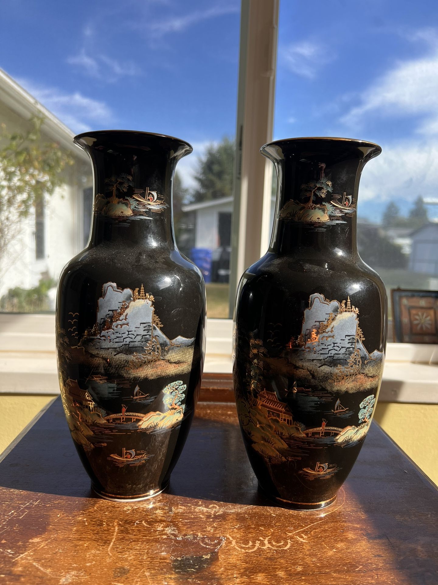2 Black Multicolored Japanese Porcelain Vases