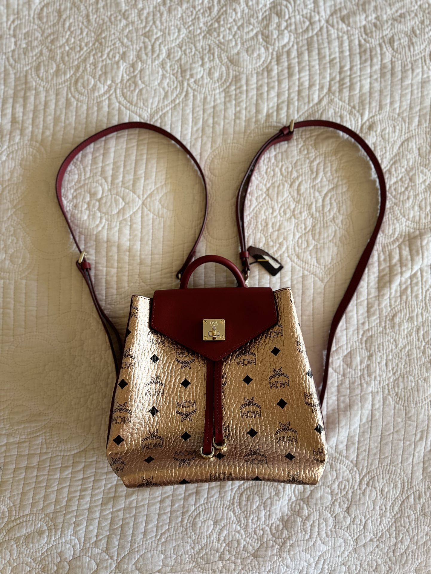 MCM Small Signature Visetos Leather Gold Essentials Backpack Bag $850+ Tax