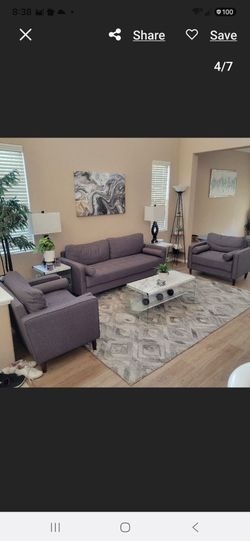 3-Piece Grey Fabric Sofa and Armchair Set