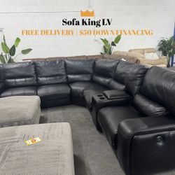 Free Delivery* Like New Black Faux Leather Sectional Sofa with Recliners!