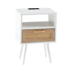 15.75" Rattan End table with Power Outlet & USB Ports , Modern nightstand with drawer and solid wood legs, side table for living room, bedroom, white