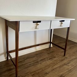 Two Toned White And Wood Desk With Leather Blush Knobs