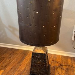 1960s Mid Century Brutalist Metal Steel Table Lamp Pierced Metal Shade Wood Base