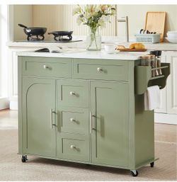 47" Kitchen Island with 2 Storage Cabinets & 5 Drawers, Green Mobile Island Table for Kitchen with