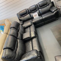 Fourth of July sale. Santiago black leather reclining sofa and loveseat set now $1199. Easy finance option. Same day delivery.