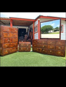Burl Wood Dresser Set with Mirror and Chest