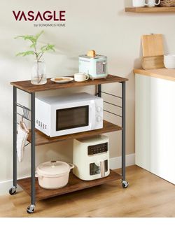 Kitchen Shelf on Wheels, 31.5 Inches Serving Cart with 3 Shelves, Kitchen Cart, Microwave Shelf, for Mini Oven, Toaster, with 6 Hooks, Industrial Styl