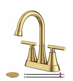 4 Inch Brushed Gold Bathroom Sink Faucet With Pop-Up Drain And 2 Supply Hoses, Stainless Steel Lead-Free 2-Handle Centerset Faucet For Bathroom Sink V