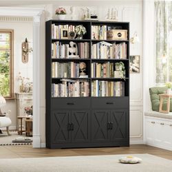 78" Tall Bookshelf with Doors, Double Wide Bookshelf with Storage Drawers, Large Bookcase with Cabinet and 8 Open Display Shelves, Farmhouse Wood Book