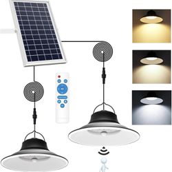 Solar Pendant Light, Upgraded Motion Sensor Light Outdoor Solar Lights Indoor Dimmable with Remote 3000K/4500K/6000K, 2x16.4ft Cable IP65 Waterproof f