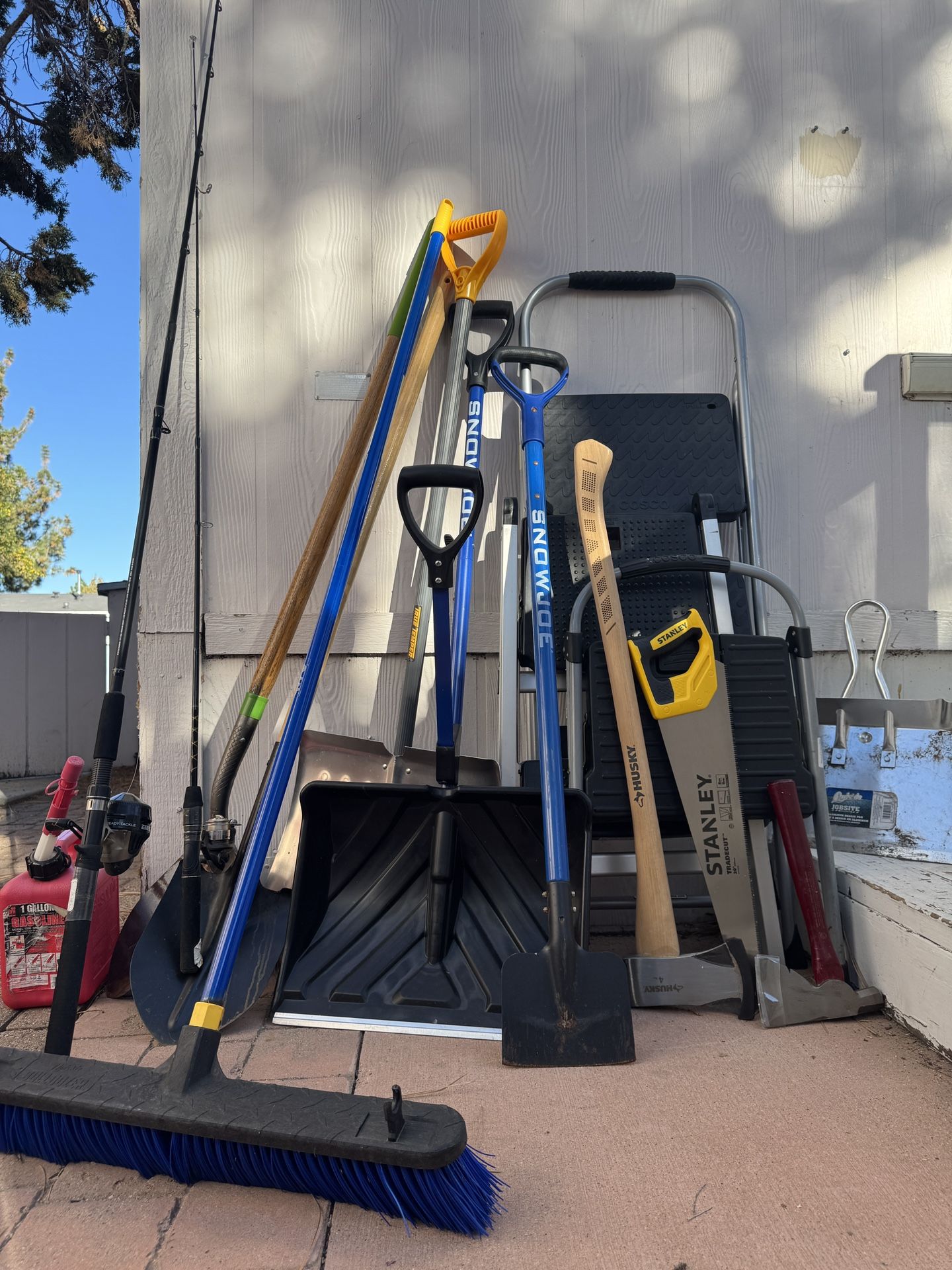 TOOLS, SNOW SHOVELS, ICE BREAKER, STEP LADDERS, AXE, ETC.