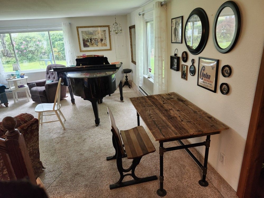 Rustic Wormwood Desk, Pipe Legs & Glass Top