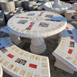 Concrete Mosaic Picnic Table with 3 Benches/ Outdoor Patio Furniture