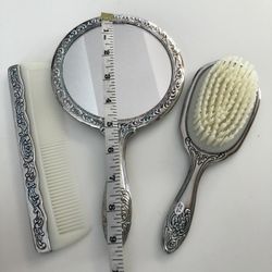 Vintage Silver Plate Vanity Dresser Set Hand Held Mirror, Brush, and Comb