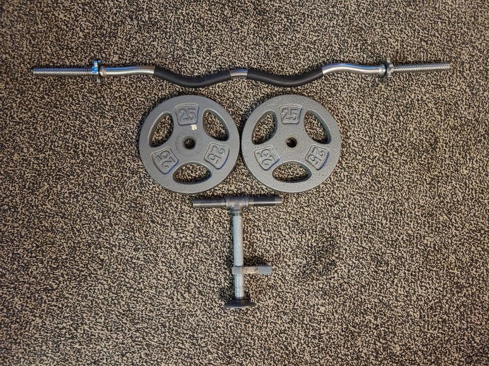 25lb Weight Plates, Curl Bar, TBar (DIY Kettlebell)
