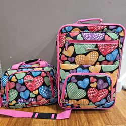 Rockland Rio 2 Piece Luggage Set Carry On Rolling Suitcase Tote Bag Hearts