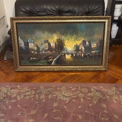Paris Street Scene By Du Mont – Vintage Oil Painting on Canvas (Framed) 