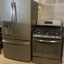 GE  Refrigerator French Door And Gas Stove  Matte Stainless Steel Set 