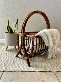 Vintage Rattan Bamboo Magazine Rack Boho Farmhouse Home Decor Neutral Natural
