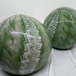 2 Ceramic Carpet Balls Green White Chinoiserie Decorative 3" Inch Diameter