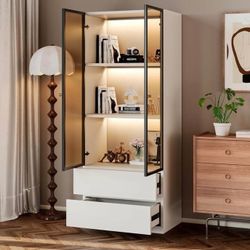 Modern White Lighted Glass Display Cabinet with Two Drawers