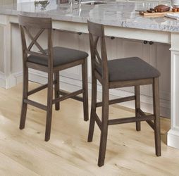 26 in. Rustic Brown Upholstered Barstool X-Shaped Backrest Solid Wood Counter Height Bar Stool 