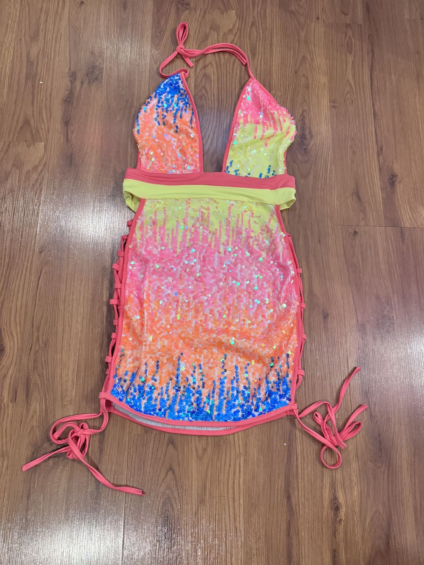 Neon Sequin Halter Dress