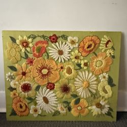 Vintage Hand Embroidered Floral Textile / Crewel Style