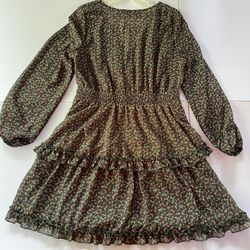Hesperus Womens L Dress Olive Green White Floral Puff Sleeve Cute Summery