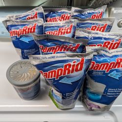 10 bags of DampRid Moisture Absorber 42 oz Refill Bag, various scents and scent free and empty bucket.