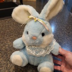 Commonwealth Bunny blue with lace ruffle and ribbon in ears plush stuffie approx 12" tall