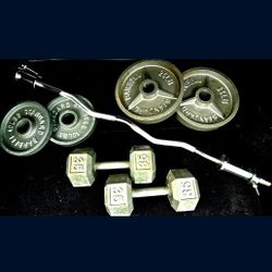 WEIGHTS - 35 LB  DUMBELLS (x2)  +  EZ CURL BARBELL SET: EZ CURL BAR, 25 LB PLATES (x2), 10 LB PLATES (x2)