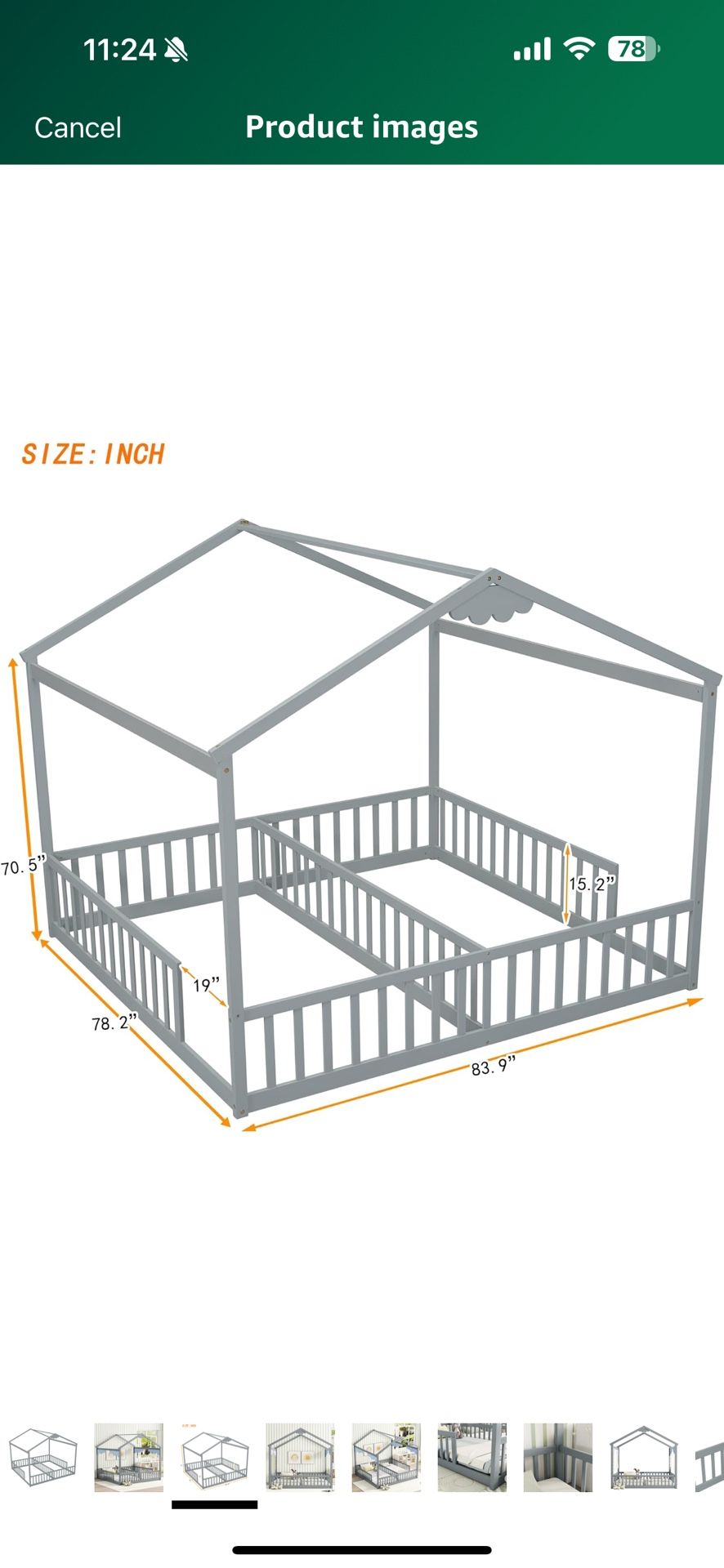 Generic Double Twin House-Style Floor Bed with Fence, Guardrails, Without Door (Grey)