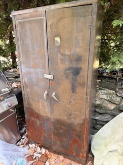 Vintage Industrial Steel Storage Cabinet, 4 Shelves, Heavy Patina - $40