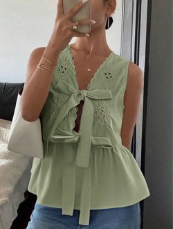 Green Floral Embroidered Tie-Front Peplum Top