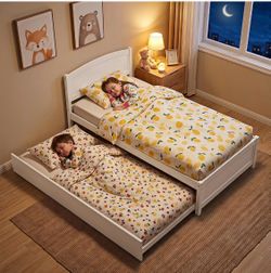 White Daybed with Trundle, Twin Size Pull Out Bed, Solid Wood Extendable Day [NEW]