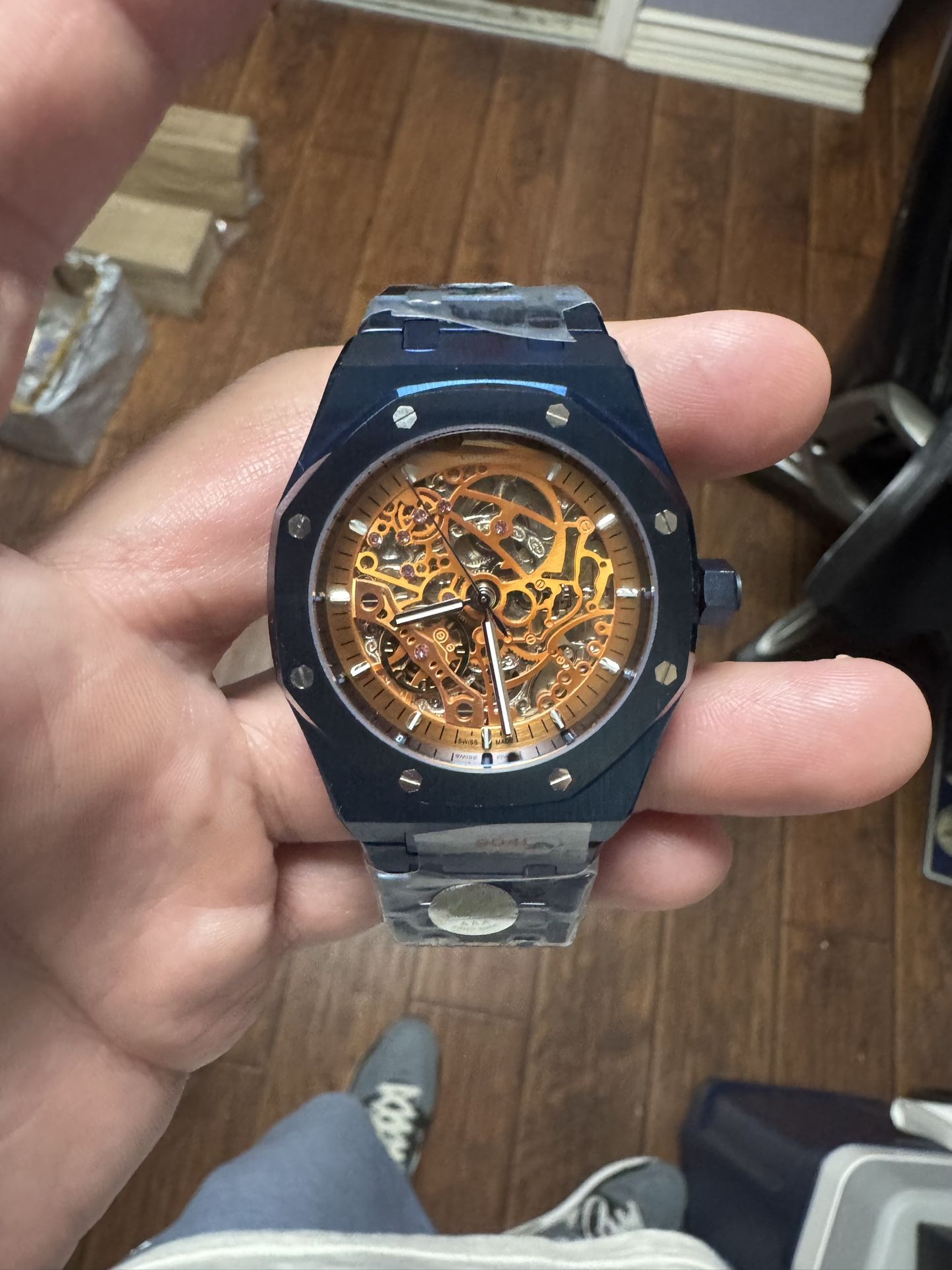 41mm Blue Skeleton Watch With Orange Guts