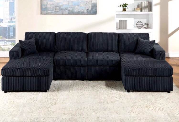On Sale! U Shape Sectional Sofa Black Corduroy Brand New