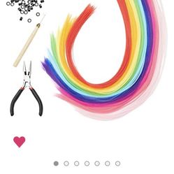 Rainbow Hair Extensions Kit, 100 Synthetic Strands in 10 Colors, Tools, Microbeads (20 Inches)